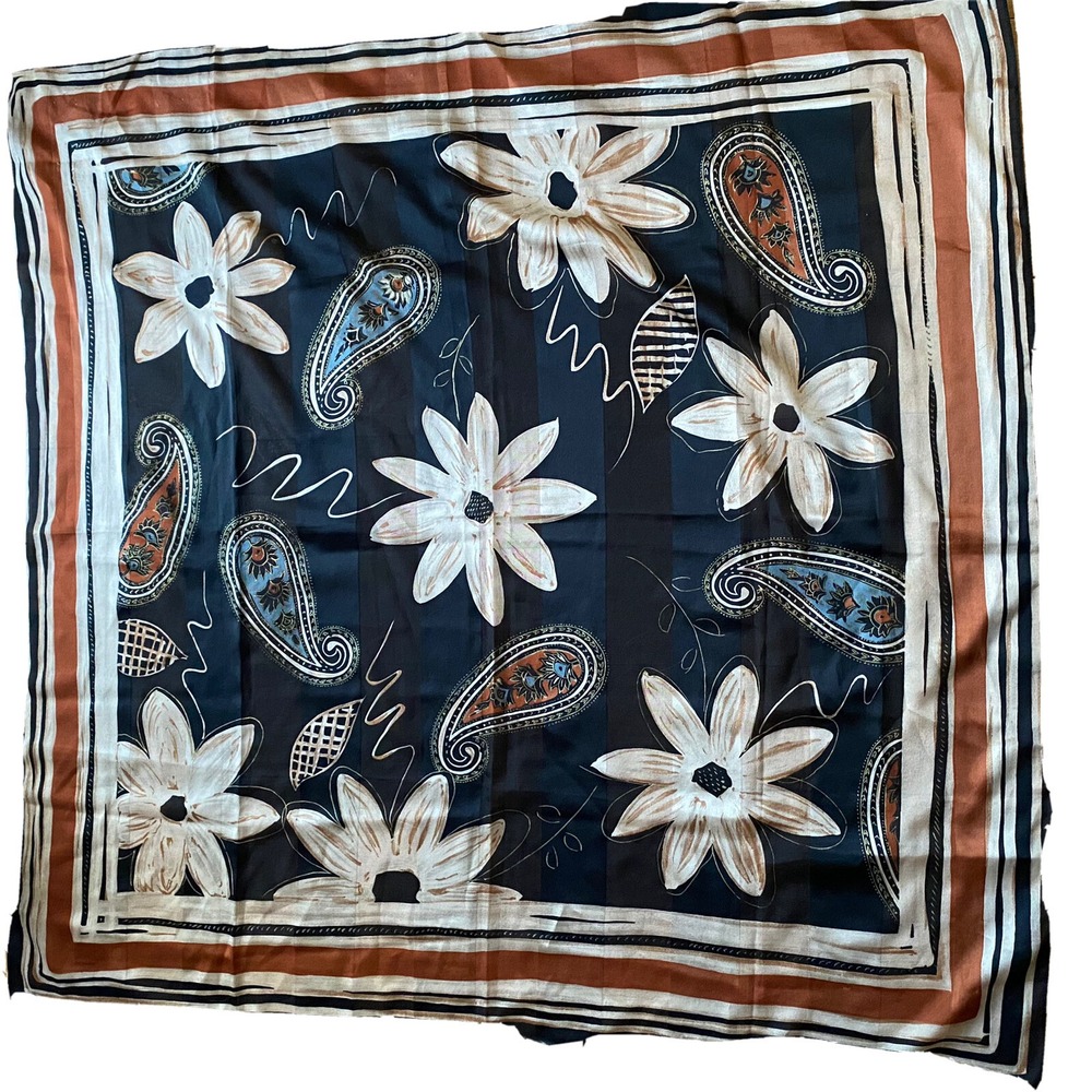 Firenze designer floral white daisy paisley black‎ scarf wrap retro 33"x35"